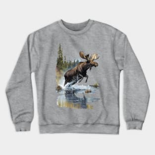 Moose Jumping In Stream Crewneck Sweatshirt